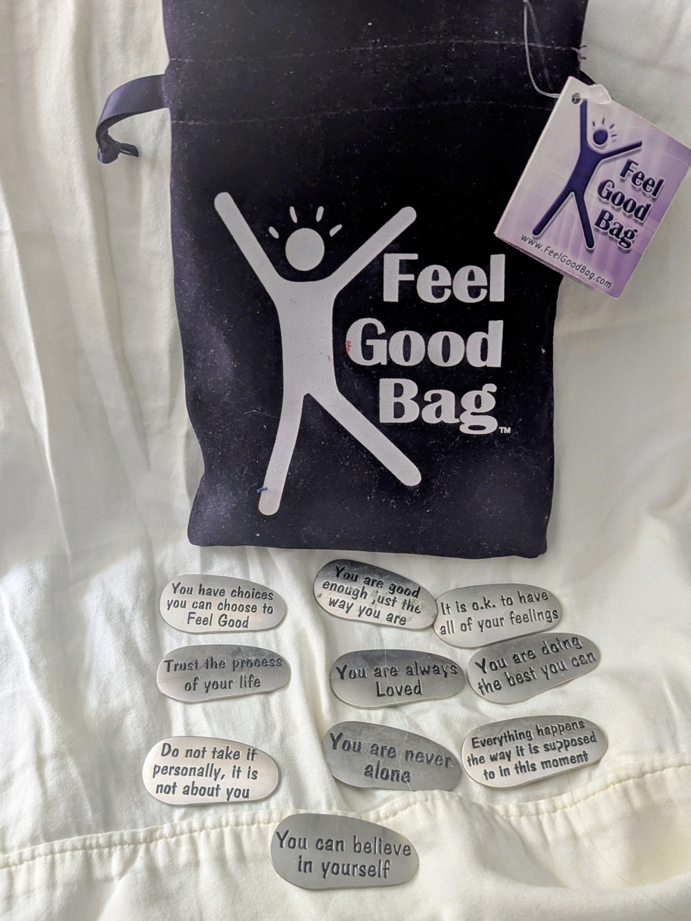 Feel Good Bag Inspirational Message Stones - Black Drawstring Pouch